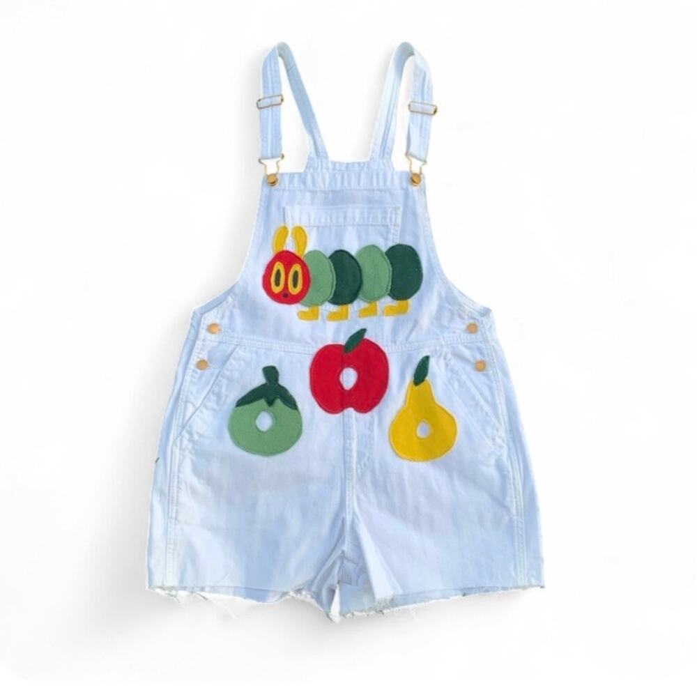 Custom Upcycled The Very Hungry Caterpillar Fruit Patchwork Denim Overalls
